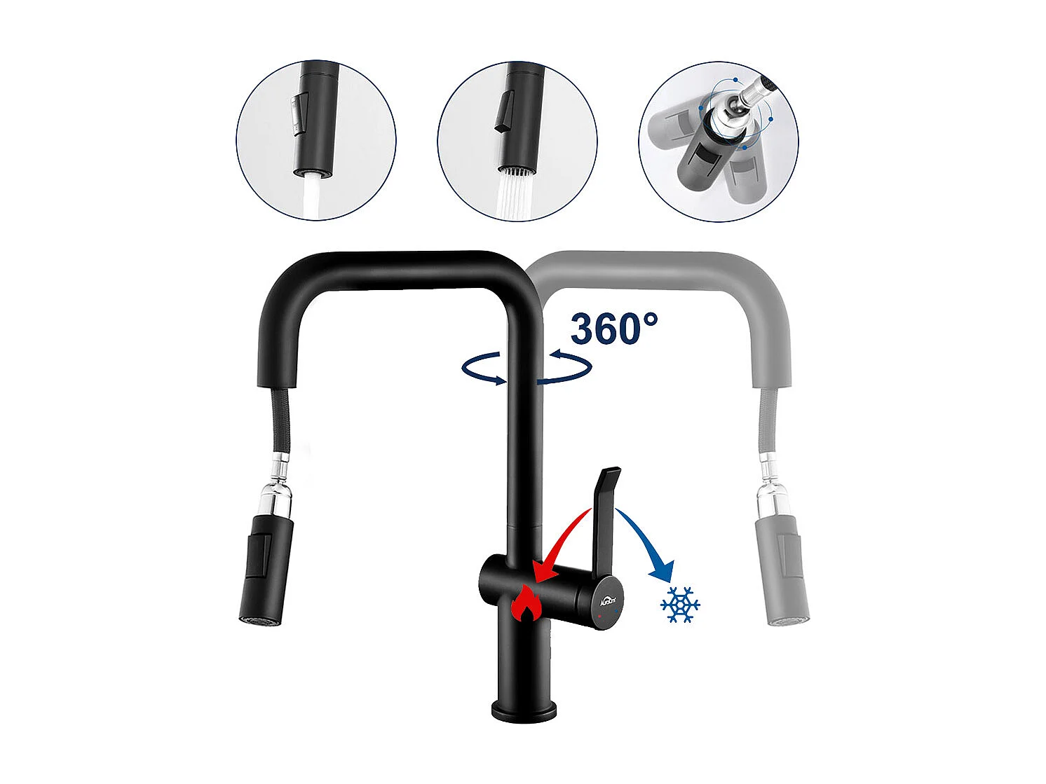 Fregadero Cocina 1 Contenedor 70*44*19CM+Grifo de Cocina con Ducha Extraíble Rotativa 360°2 Funciones, Mameluco desmontable,Negro