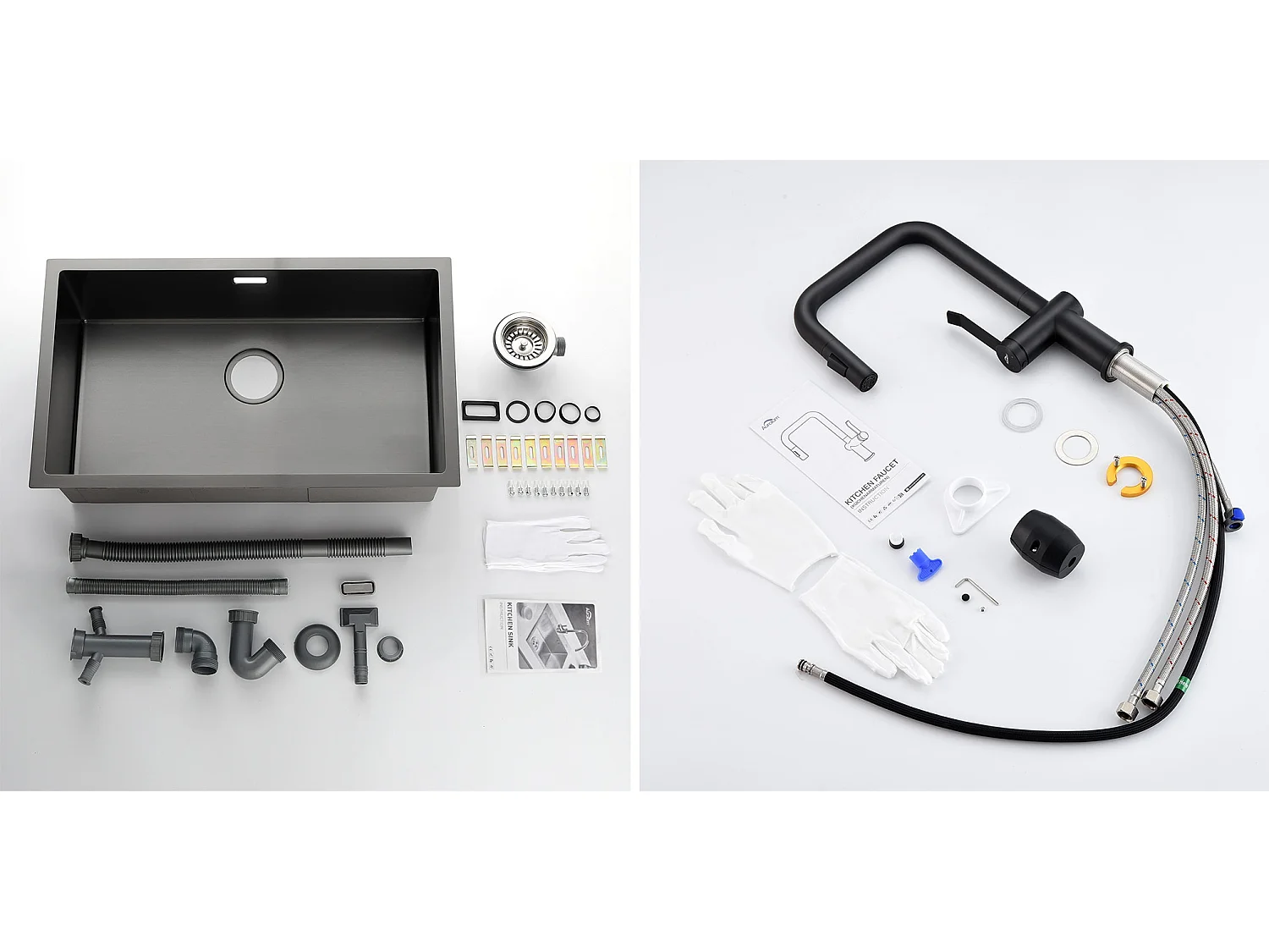 Fregadero Cocina 1 Contenedor 70*44*19CM+Grifo de Cocina con Ducha Extraíble Rotativa 360°2 Funciones, Mameluco desmontable,Negro