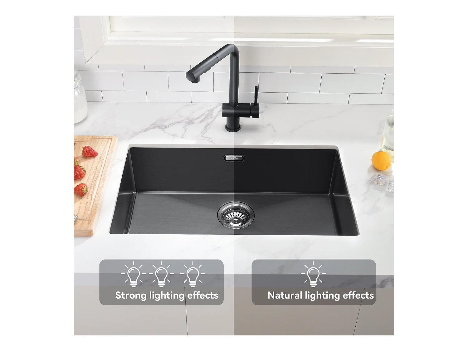 Évier Cuisine 1 Bac 70*44*19CM+Robinet de Cuisine avec Douchette Extractible Rotatif 360 °2 Fonctions, Barboteur démontable,Noir