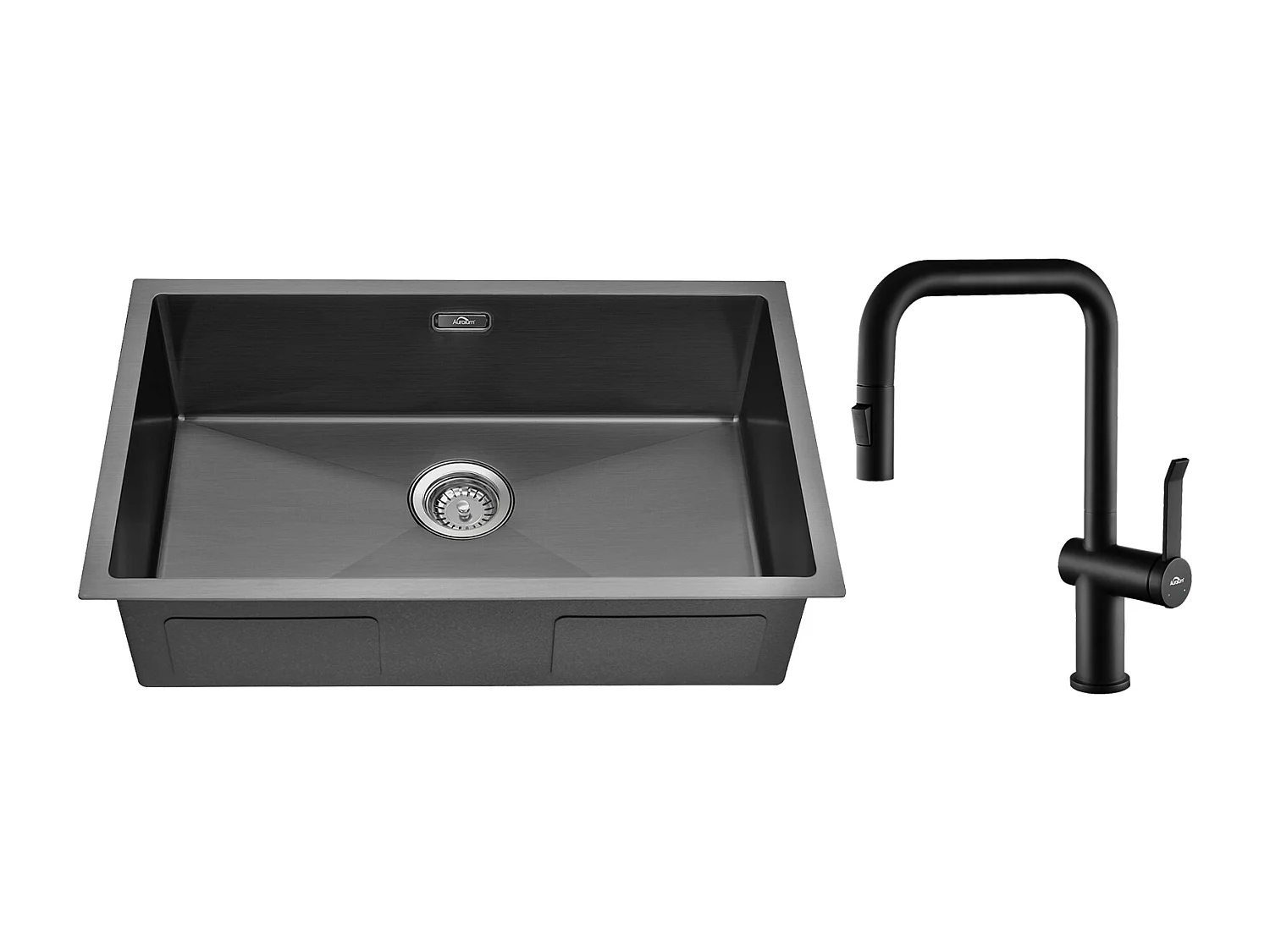 Évier Cuisine 1 Bac 70*44*19CM+Robinet de Cuisine avec Douchette Extractible Rotatif 360 °2 Fonctions, Barboteur démontable,Noir