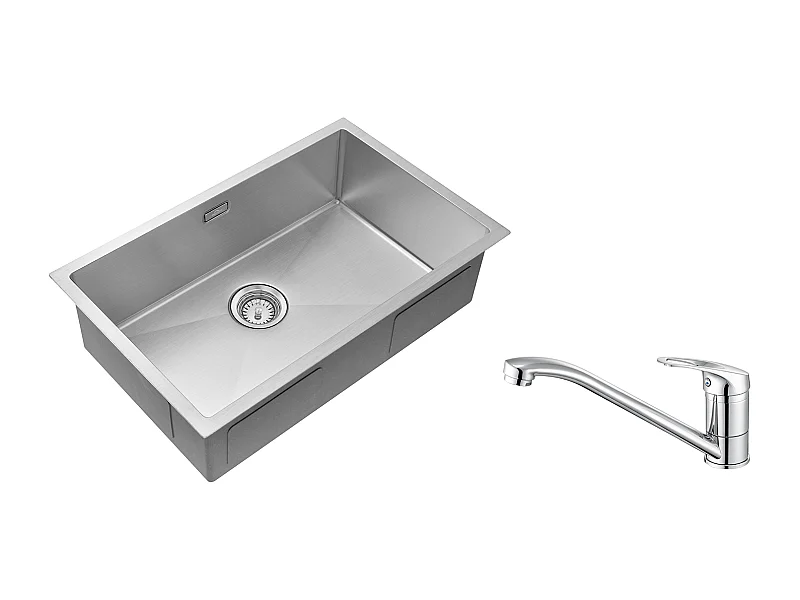 Évier Cuisine 1 Bac 70*44*19CM,à Encastrer/Fleur/Sous-Plan,avec Siphon/Trop-Plein+Robinet Cuisine,Orientable 360°,Eau Chaude/Froide,en Laiton,Chromé