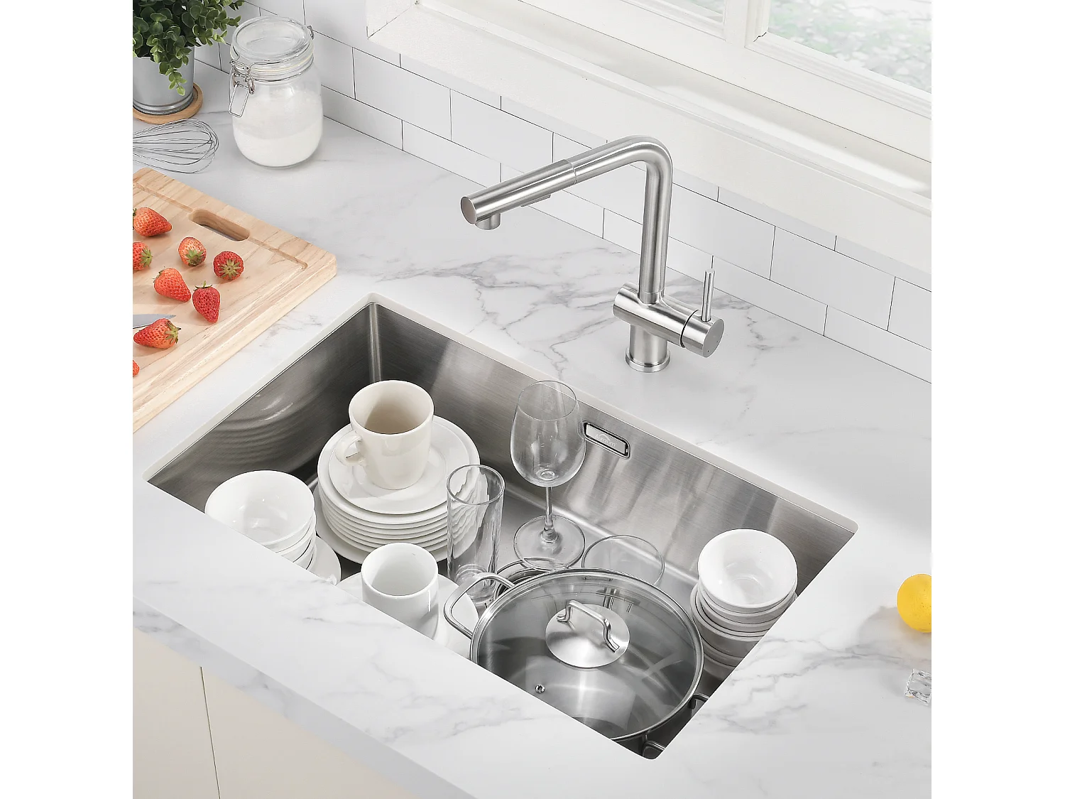 Évier Cuisine 1 Bac 70*44*19CM,à Encastrer/Fleur/Sous-Plan,avec Siphon/Trop-Plein+Robinet Cuisine,Orientable 360°,Eau Chaude/Froide,en Laiton,Chromé