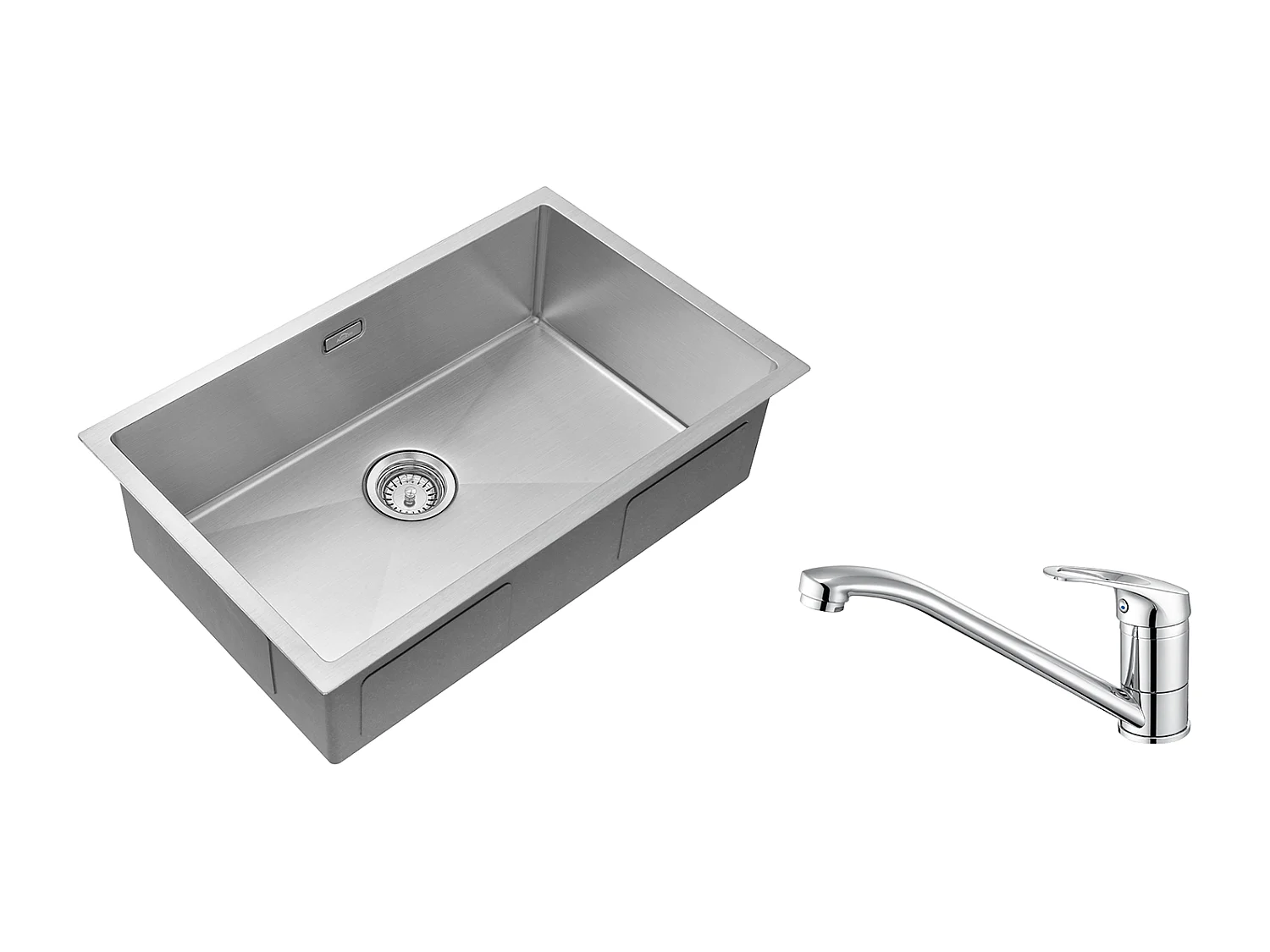 Évier Cuisine 1 Bac 70*44*19CM,à Encastrer/Fleur/Sous-Plan,avec Siphon/Trop-Plein+Robinet Cuisine,Orientable 360°,Eau Chaude/Froide,en Laiton,Chromé
