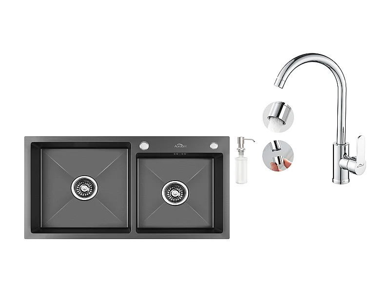 Évier Cuisine 2 Bac, Noir, 75x45x19cm,Encastré/à Poser avec Distributeur Savon+Robinet Cuisine Pivotant à 360° avec Eau Chaude/Froide, Chromé