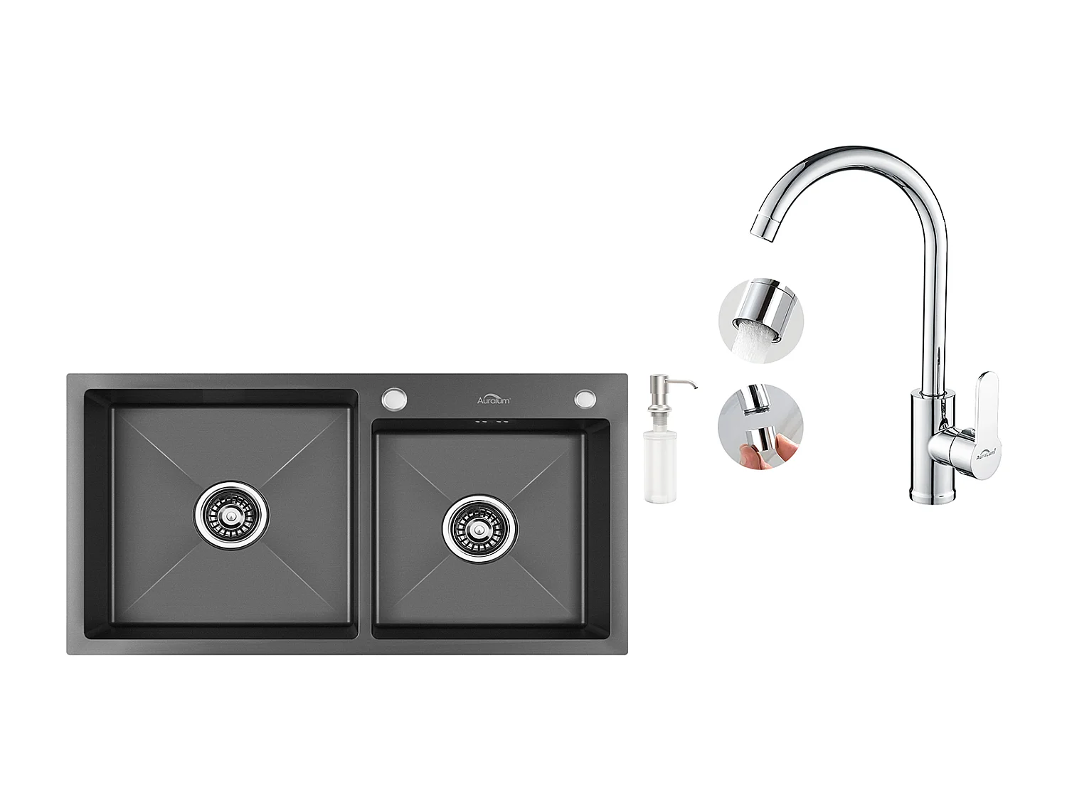 Évier Cuisine 2 Bac, Noir, 75x45x19cm,Encastré/à Poser avec Distributeur Savon+Robinet Cuisine Pivotant à 360° avec Eau Chaude/Froide, Chromé