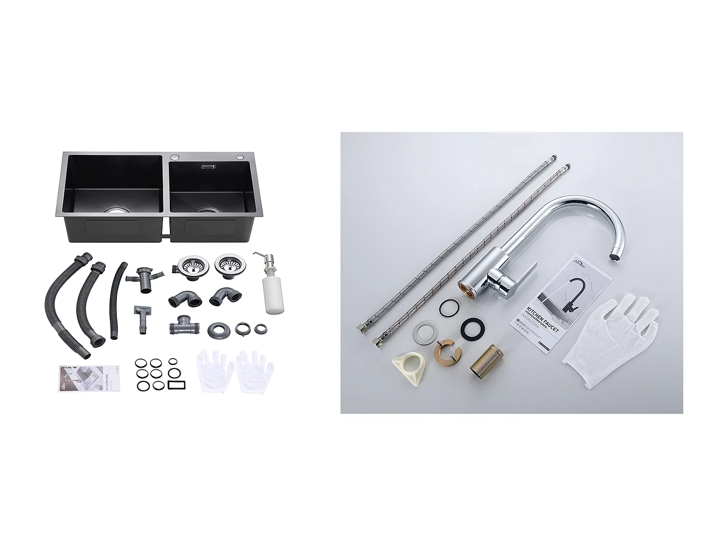 Évier Cuisine 2 Bac, Noir, 75x45x19cm,Encastré/à Poser avec Distributeur Savon+Robinet Cuisine Pivotant à 360° avec Eau Chaude/Froide, Chromé