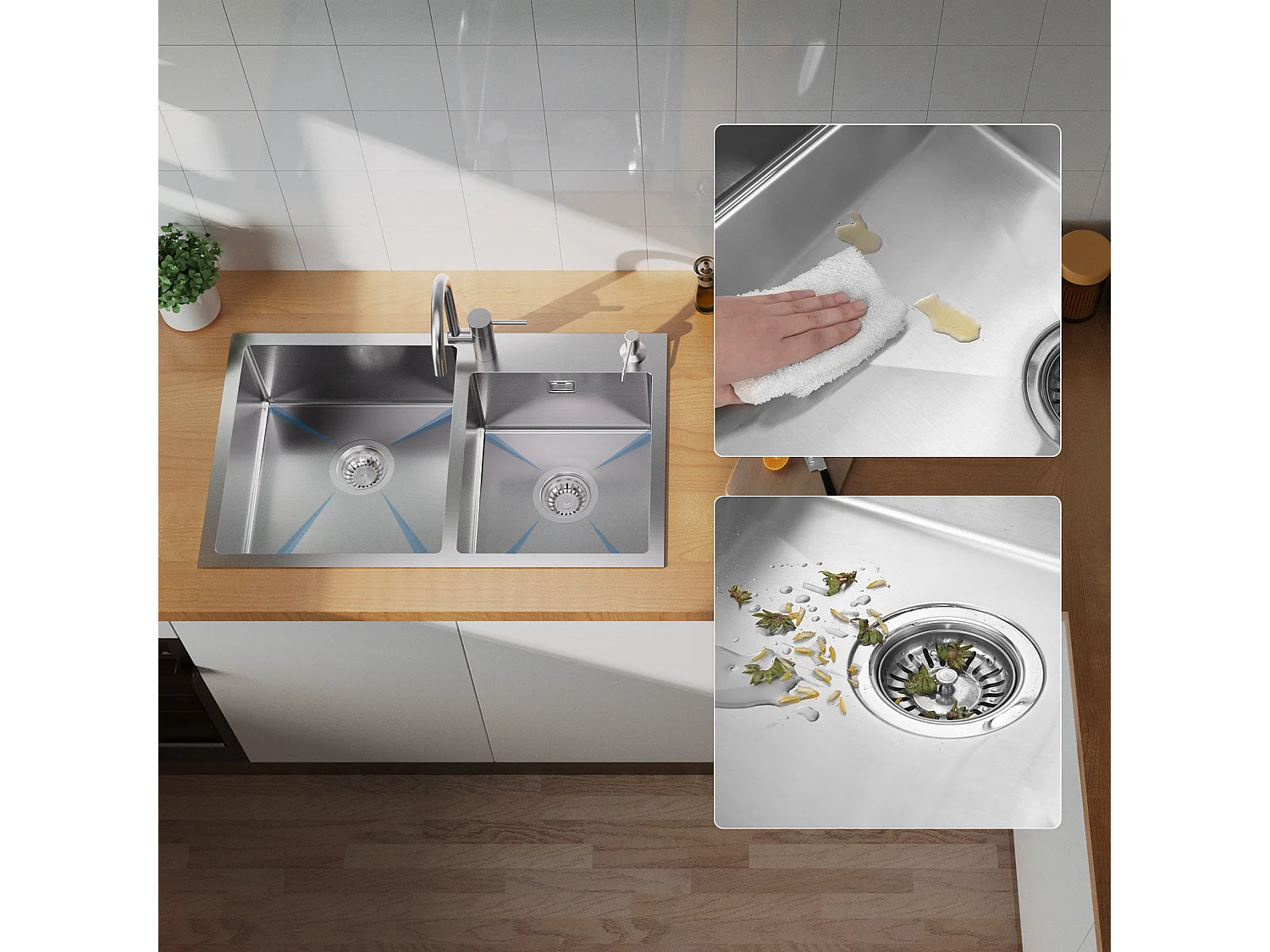 Évier à Encastré/à Poser 2 Bacs avec Distributeur de savon et Ensemble de Drainage,Évier 75x45x19cm en Acier Inoxydable, Brossé, EU Modèle