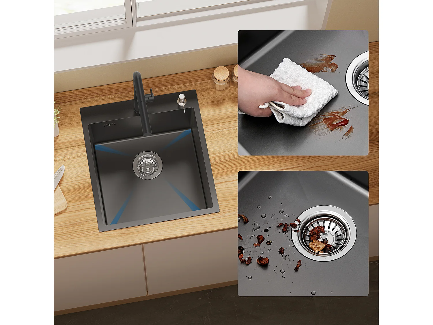 Fregadero cocina de 1 seno Gris Negro,44*49*20 CM,con dispensador de jabón,inoxidable,Fregadero empotrado/encimera con orificio de montaje para grifo