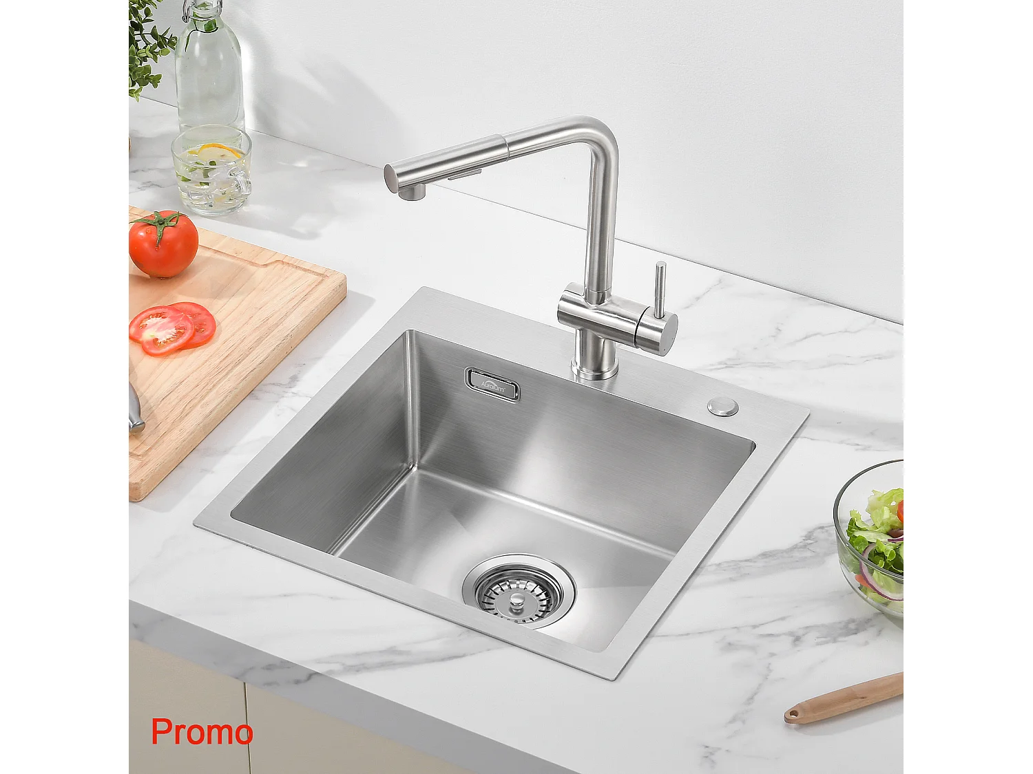 AuraLum Max Évier Cuisine 1 Bac en Acier Inoxydable 304 Brossé 45x45CM Évier encastré et à Poser Évier avec Trou de Montage pour Robinet,EU Modèle