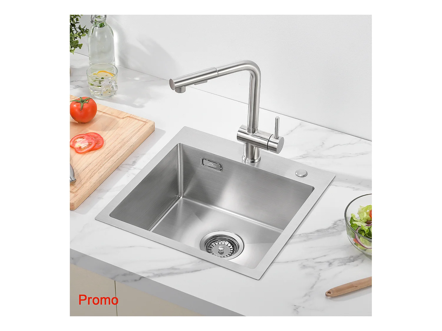 AuraLum Max Évier Cuisine 1 Bac en Acier Inoxydable 304 Brossé 45x45CM Évier encastré et à Poser Évier avec Trou de Montage pour Robinet,EU Modèle