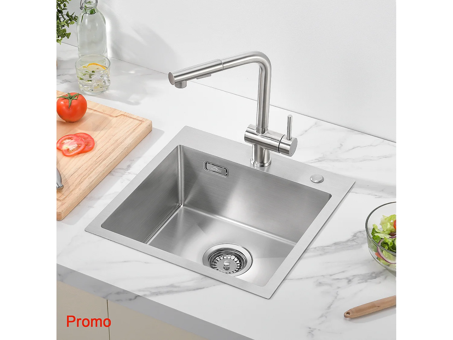 AuraLum Max Évier Cuisine 1 Bac en Acier Inoxydable 304 Brossé 45x45CM Évier encastré et à Poser Évier avec Trou de Montage pour Robinet,EU Modèle