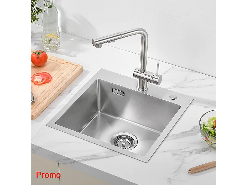 AuraLum Max Aanrecht 1 Bak 304 Geborsteld Roestvrij Staal 45x45CM Inbouw En Opbouw Wastafel Met Montagegat voor Kraan, EU Model