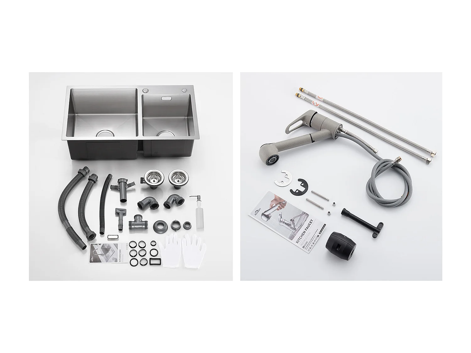 Évier Cuisine2 Bac75x45x19cm,Encastré/à Poser avec Distributeur Savon+Robinet Cuisine avec Douchette Extractible 2 Jets,Eau Froide/Chaude,Gris