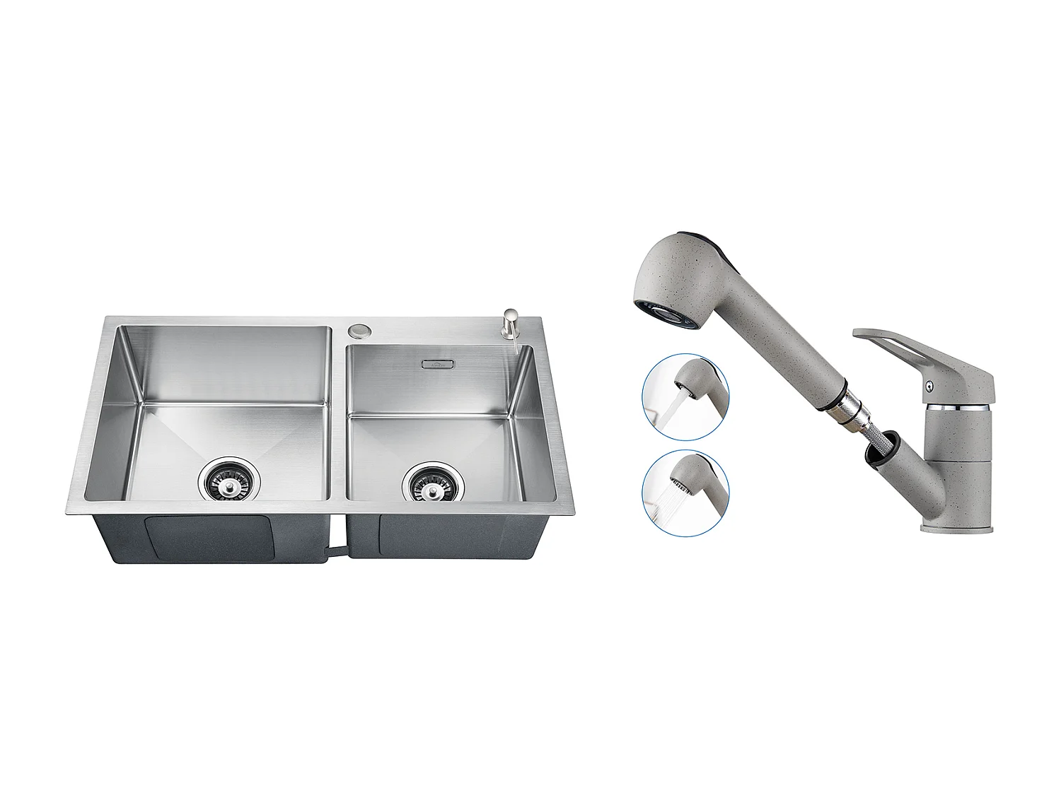 Évier Cuisine2 Bac75x45x19cm,Encastré/à Poser avec Distributeur Savon+Robinet Cuisine avec Douchette Extractible 2 Jets,Eau Froide/Chaude,Gris