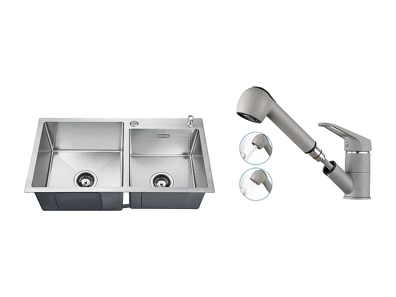 Évier Cuisine2 Bac75x45x19cm,Encastré/à Poser avec Distributeur Savon+Robinet Cuisine avec Douchette Extractible 2 Jets,Eau Froide/Chaude,Gris