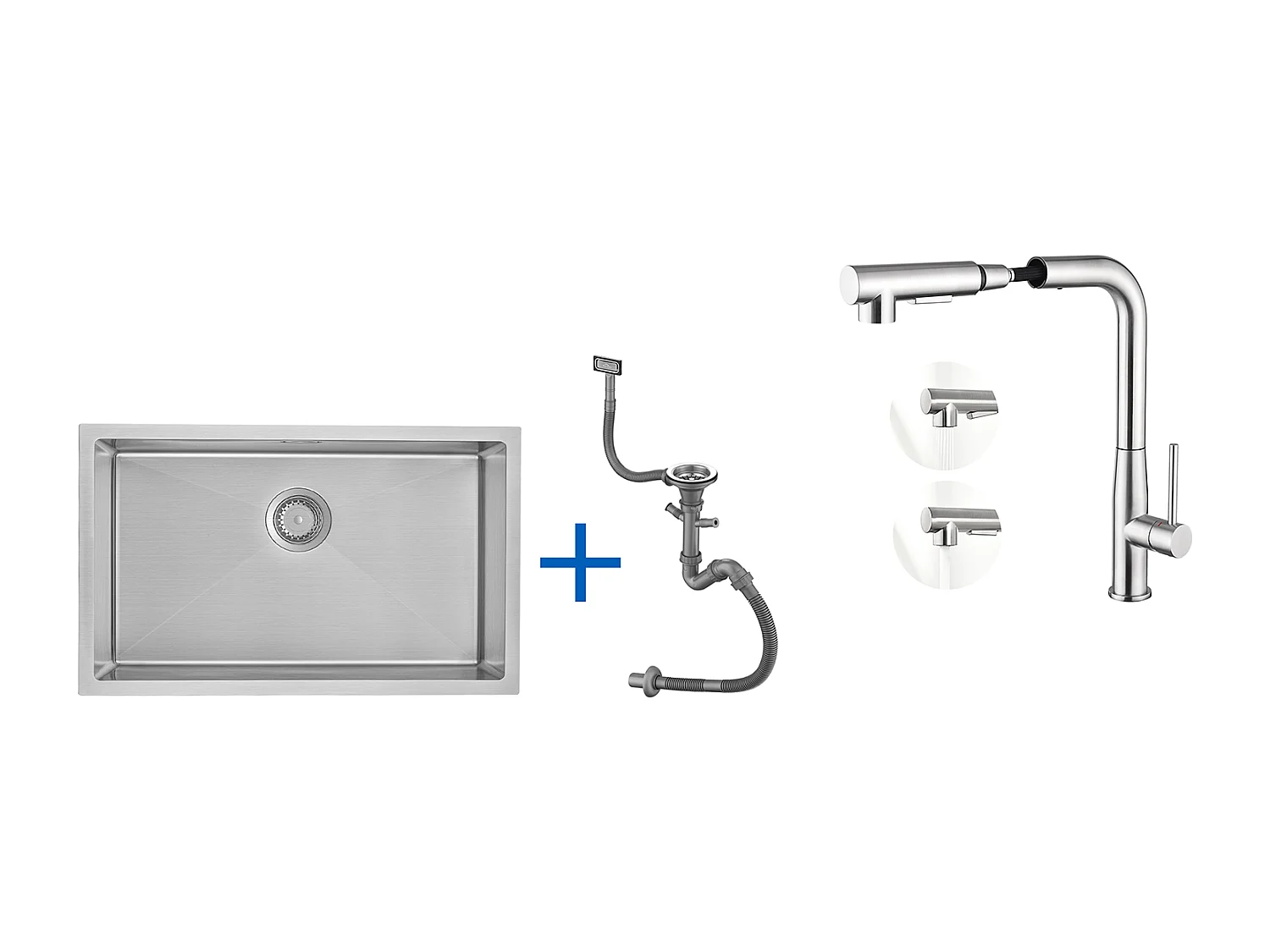 Évier Cuisine 1 Bac 70*44*19CM,à Encastrer/Fleur/Sous-Plan,avec Siphon/Trop-Plein+Mitigeur Cuisine avec Douchette Extractible Rotatif 360°,Brossé