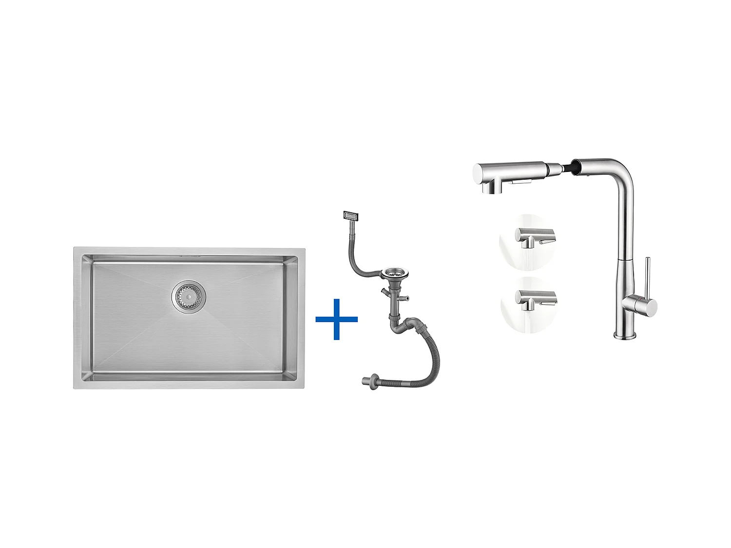 Évier Cuisine 1 Bac 70*44*19CM,à Encastrer/Fleur/Sous-Plan,avec Siphon/Trop-Plein+Mitigeur Cuisine avec Douchette Extractible Rotatif 360°,Brossé