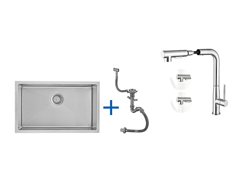 Aanrecht 1 Bak 70*44*19CM, Inbouw/Bloem/Ondergrond,met Sifon/Overloop+Mengkraan Keuken met 360° Draaibare Uittrekbare Douche,Geborsteld