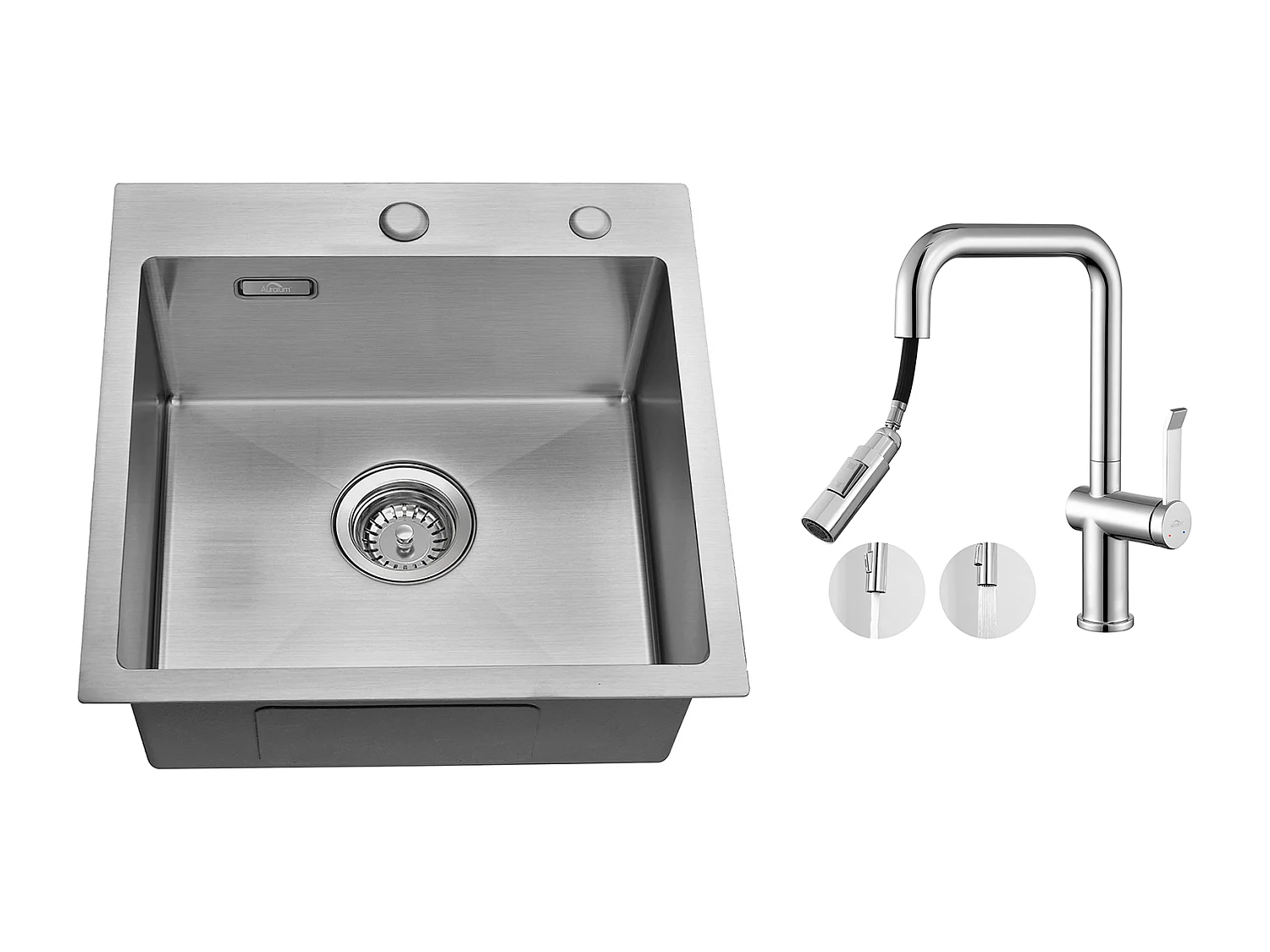 Évier Cuisine 1 Bac 45x45CM Acier Inoxydable+Robinet de Cuisine avec Douchette Extractible Rotatif 360 °,2 Fonctions,Barboteur démontable,Chromé