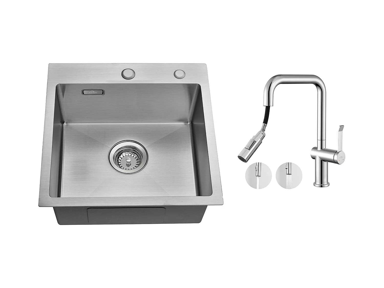 Évier Cuisine 1 Bac 45x45CM Acier Inoxydable+Robinet de Cuisine avec Douchette Extractible Rotatif 360 °,2 Fonctions,Barboteur démontable,Chromé