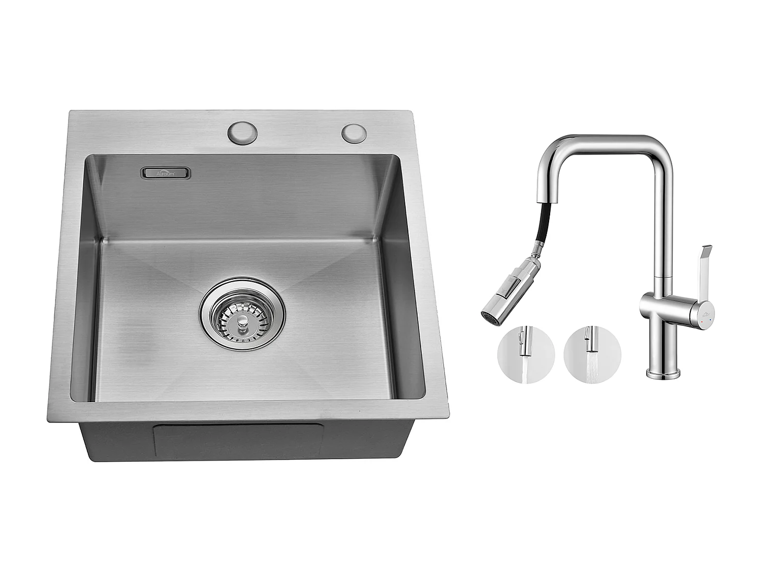 Aanrecht 1 Bak 45x45CM RVS+KranenE Keuken met 360° Draaibare Uittrekbare Handdouche,2 Functies, Demonteerbare Romper,Chroom