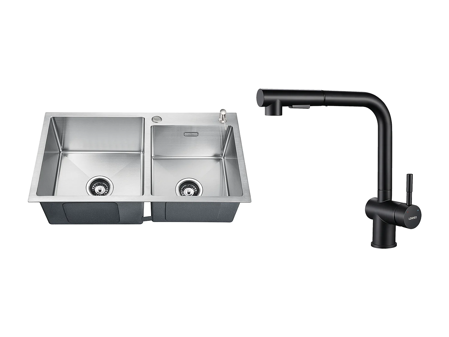 2en1 Évier de Cuisine 2 Bac 75x45x19cm,Encastré/ à Poser avec Distributeur Savon+Robinet Cuisine Douchette Extractible Deux Jets, Noir