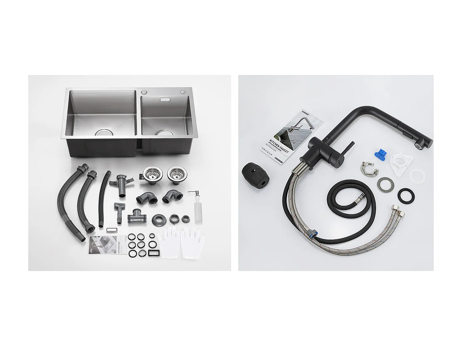 2 en 1 Évier de Cuisine 2 Bac 75x45x19cm, Encastré/ à Poser avec Distributeur Savon+Robinet Cuisine Douchette Extractible Deux Jets, Noir