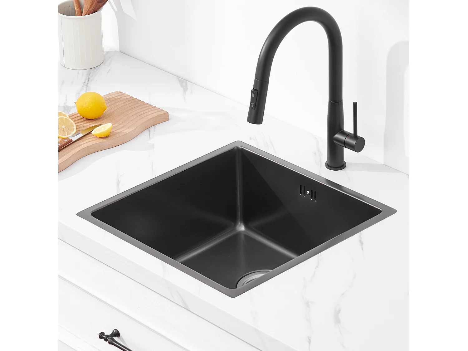 AuraLum Max Évier Encastré 44x44x20CMcm - Évier de Cuisine 1 Bac en Acier Inoxydable - Évier de Cuisine Gris Noir avec Vidange,EU Modèle