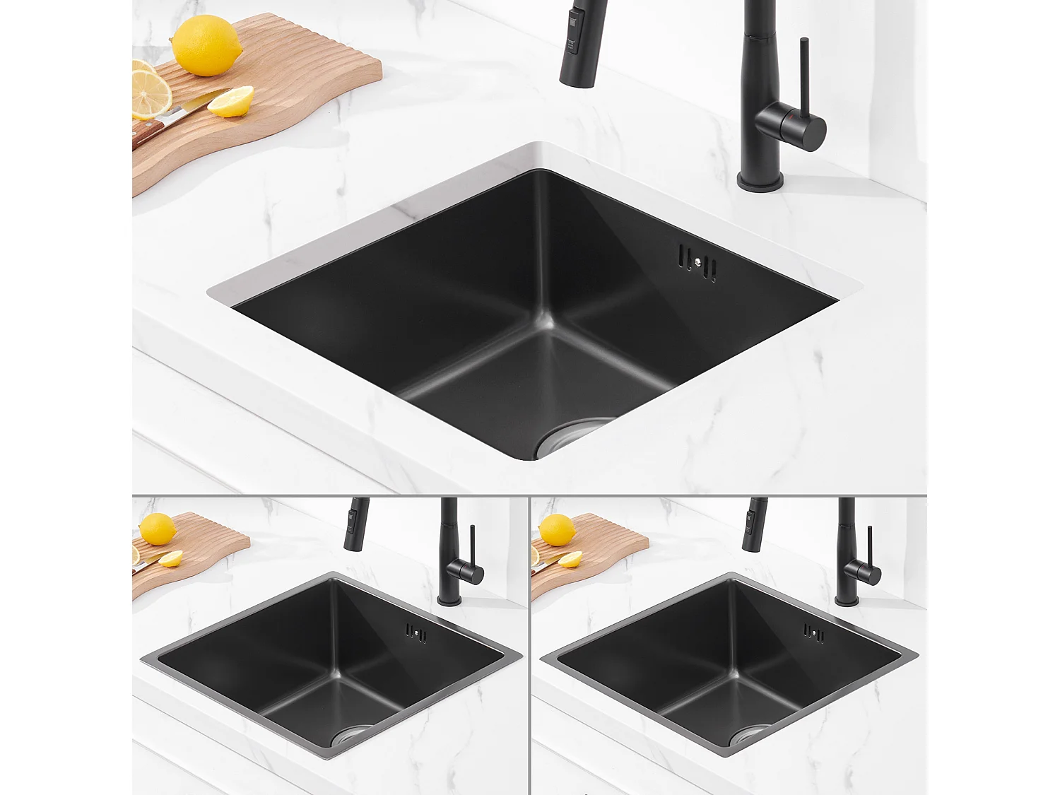 AuraLum Max Évier Encastré 44x44x20CMcm - Évier de Cuisine 1 Bac en Acier Inoxydable - Évier de Cuisine Gris Noir avec Vidange,EU Modèle