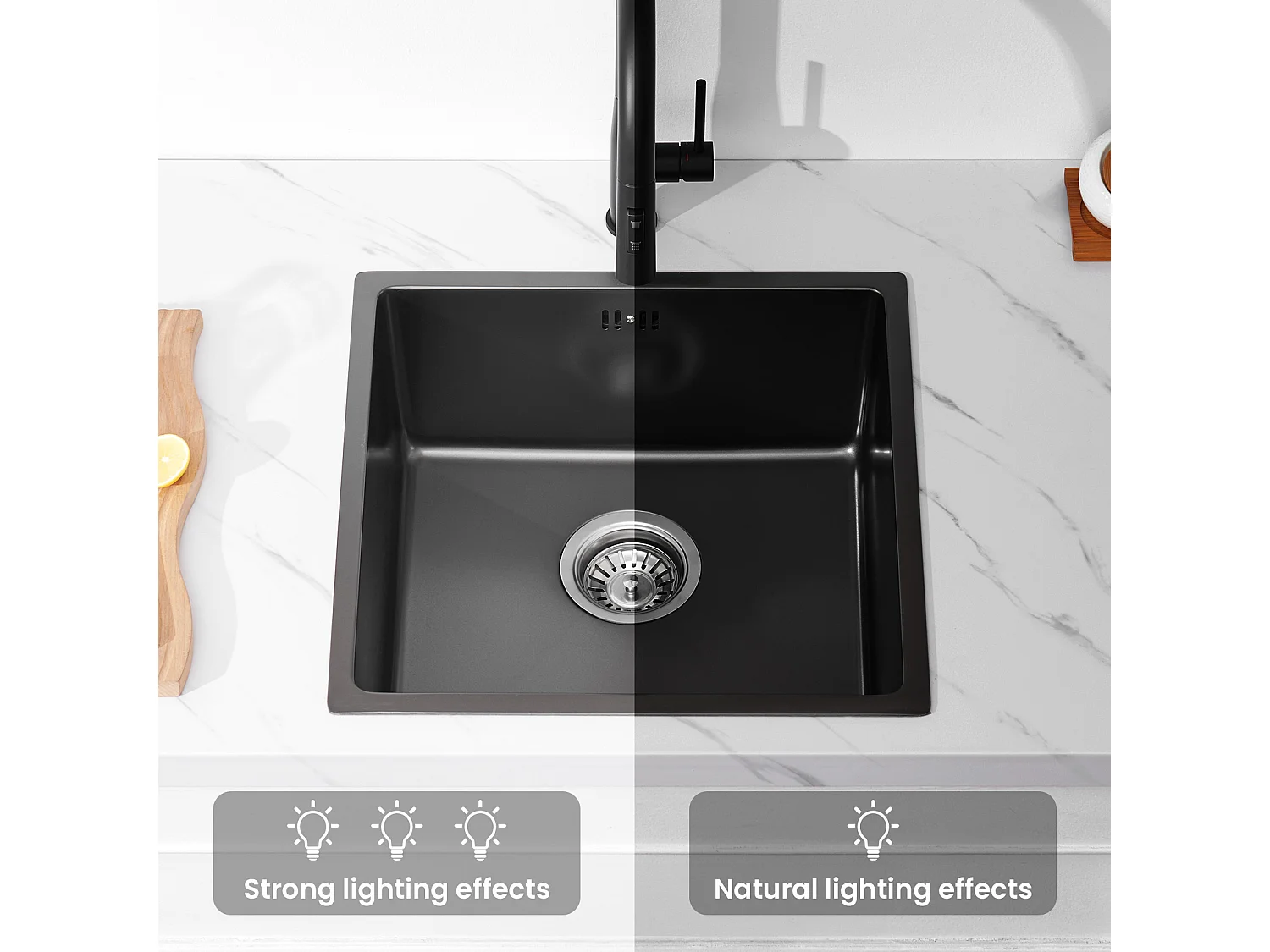 AuraLum Max Évier Encastré 44x44x20CMcm - Évier de Cuisine 1 Bac en Acier Inoxydable - Évier de Cuisine Gris Noir avec Vidange,EU Modèle