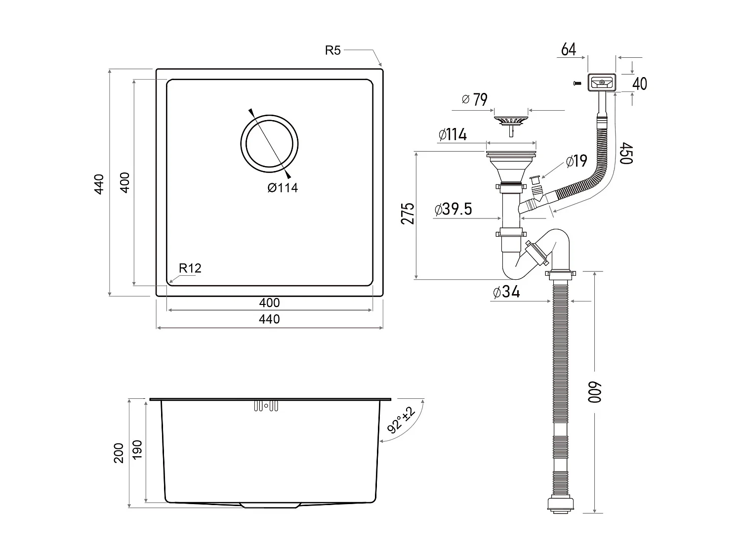 AuraLum Max Évier Encastré 44x44x20CMcm - Évier de Cuisine 1 Bac en Acier Inoxydable - Évier de Cuisine Gris Noir avec Vidange,EU Modèle