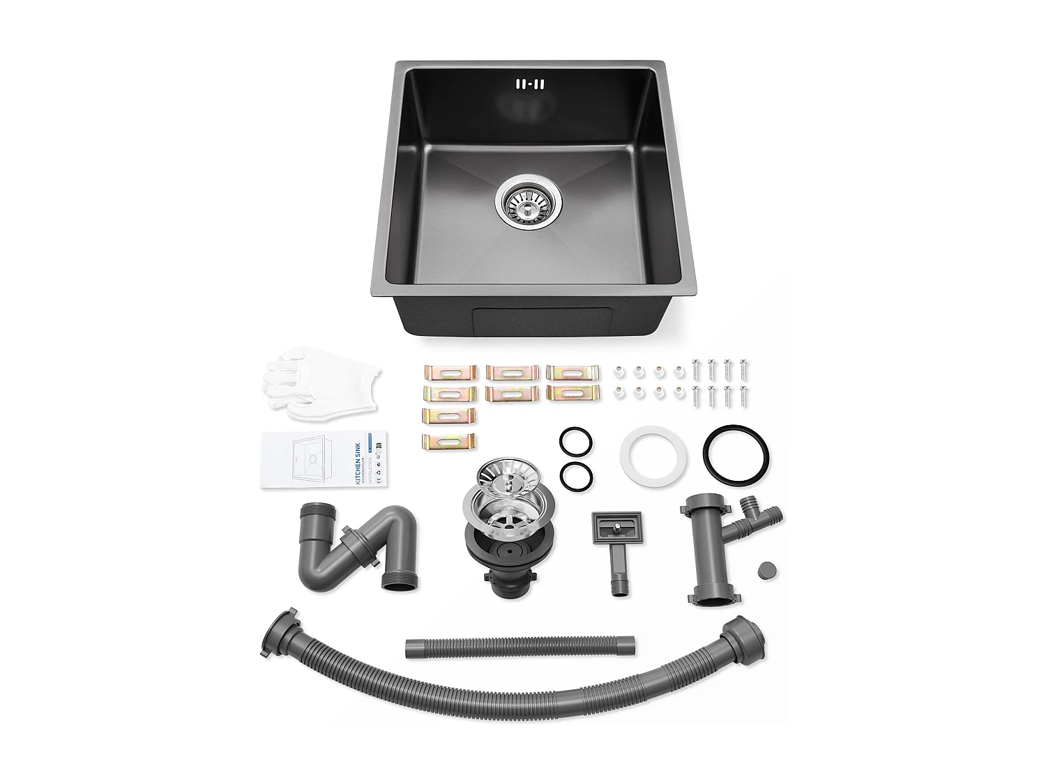 AuraLum Max Évier Encastré 44x44x20CMcm - Évier de Cuisine 1 Bac en Acier Inoxydable - Évier de Cuisine Gris Noir avec Vidange,EU Modèle