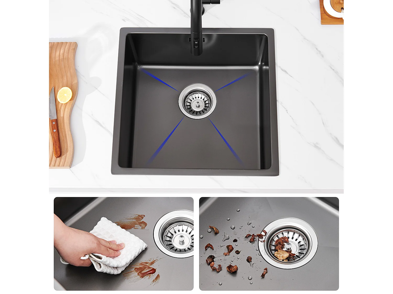 AuraLum Max Évier Encastré 44x44x20CMcm - Évier de Cuisine 1 Bac en Acier Inoxydable - Évier de Cuisine Gris Noir avec Vidange,EU Modèle