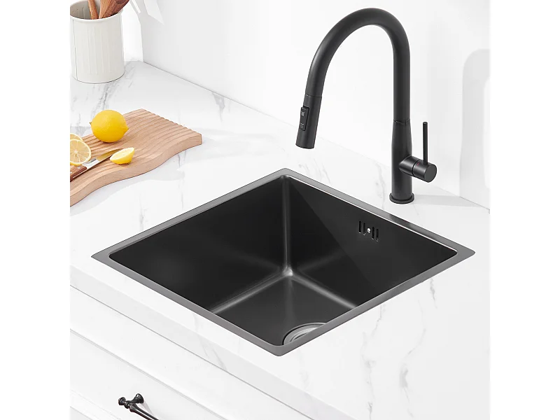 AuraLum Max Évier Encastré 44x44x20CMcm - Évier de Cuisine 1 Bac en Acier Inoxydable - Évier de Cuisine Gris Noir avec Vidange,EU Modèle