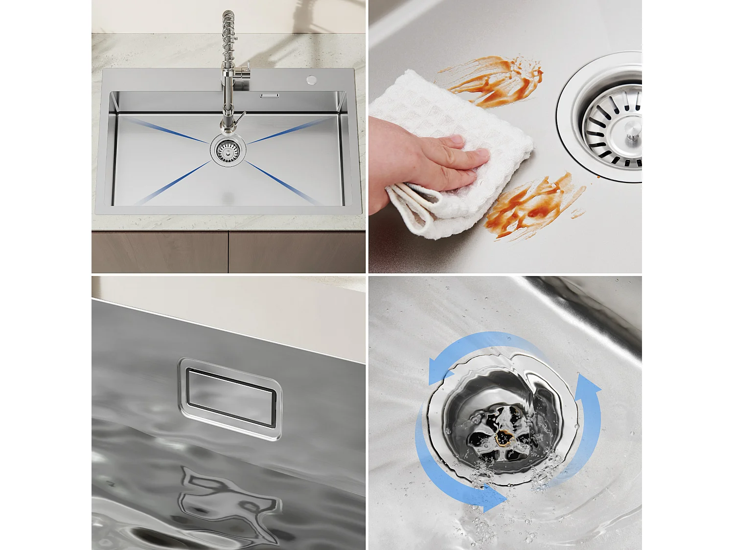 Auralum MAX Aanrecht 1 Kom Geborsteld RVS75*45*19CM-Spoelbak met Opvouwbare Afdruiprek+Trekbare Keukenkraan met Twee Functies, Chroom