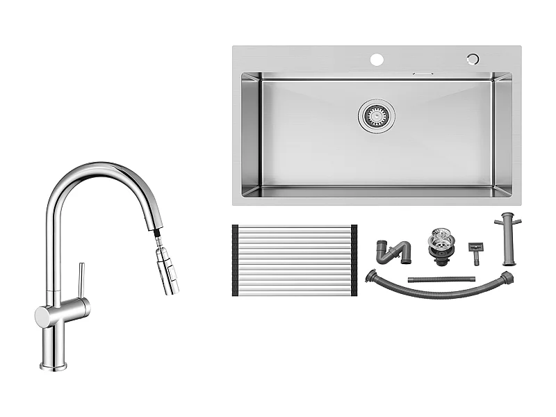 Auralum MAX Évier Cuisine 1 Cuve Inox Brossé75*45*19CM-Évieravec Égouttoir pliable+robinet de cuisine rétractable à deux fonctions, chromé