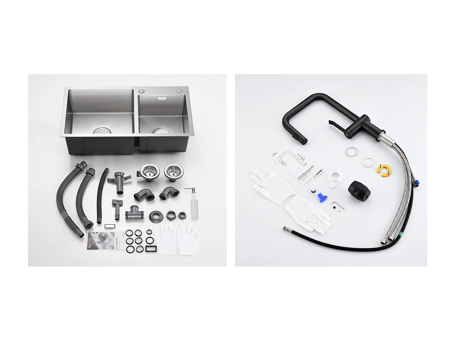 2in1 Küchenspüle 2 Becken 75x45x19cm, Einbau/Aufputz mit Seifenspender + Küchenarmatur mit ausziehbarer Brause, 2 Funktionen, Schwarz