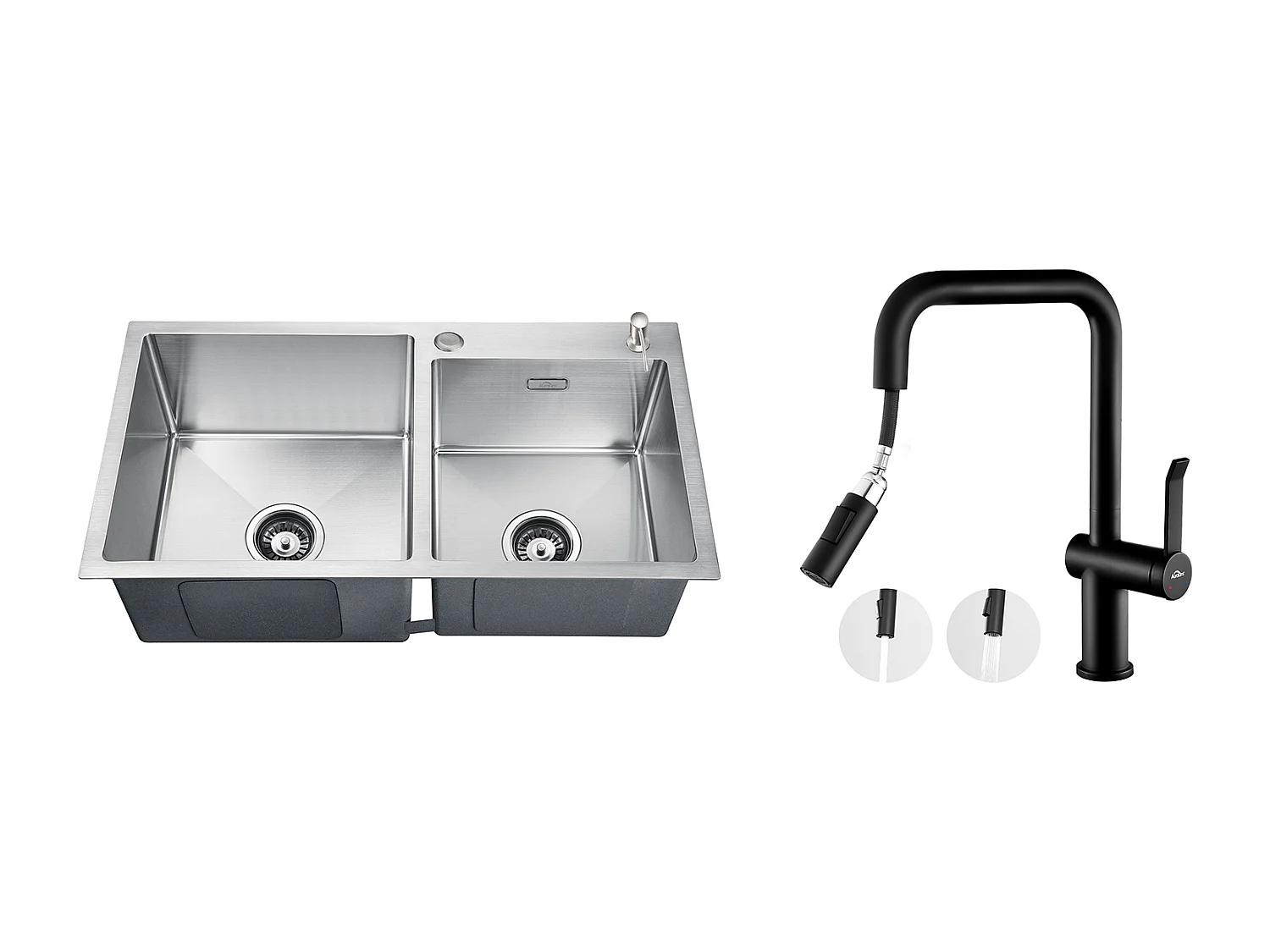 2in1 Aanrecht 2 Bak 75x45x19cm, Inbouw/ Opzetbaar met Zeepdispenser + Keukenkraan met Uittrekbare Handdouche ,2 Functies, Zwart