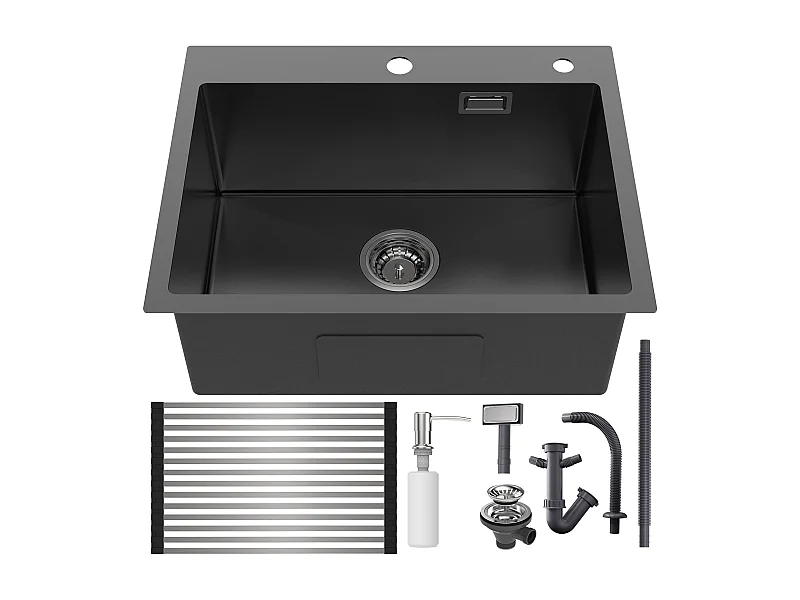 Zwarte gootsteen 58*45*18CM, keukenwastafel 1 bak met oprolbare afdruiprek en zeepdispenser, roestvrij staal, inbouw- of bloemmontage