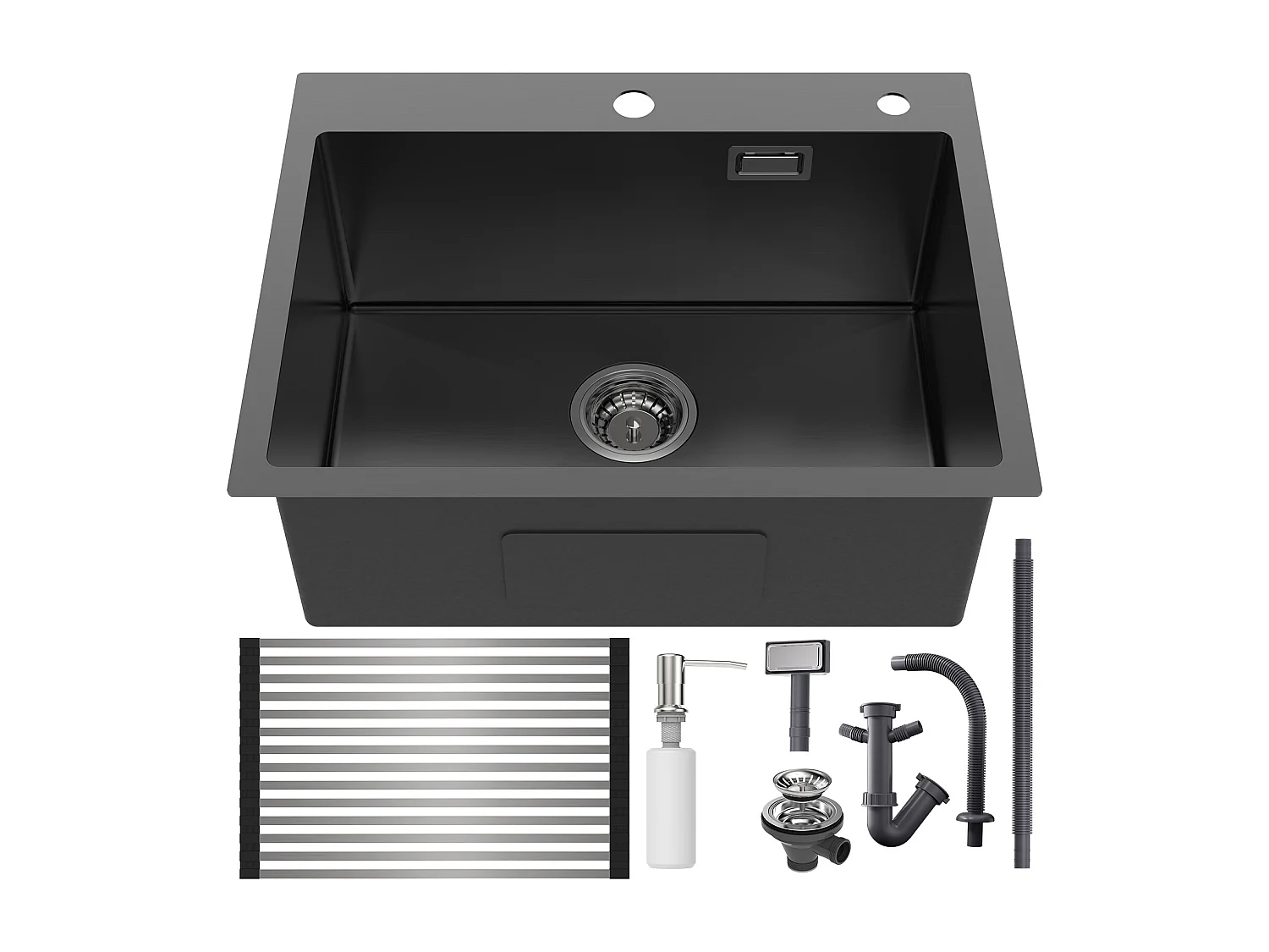 Zwarte gootsteen 58*45*18CM, keukenwastafel 1 bak met oprolbare afdruiprek en zeepdispenser, roestvrij staal, inbouw- of bloemmontage