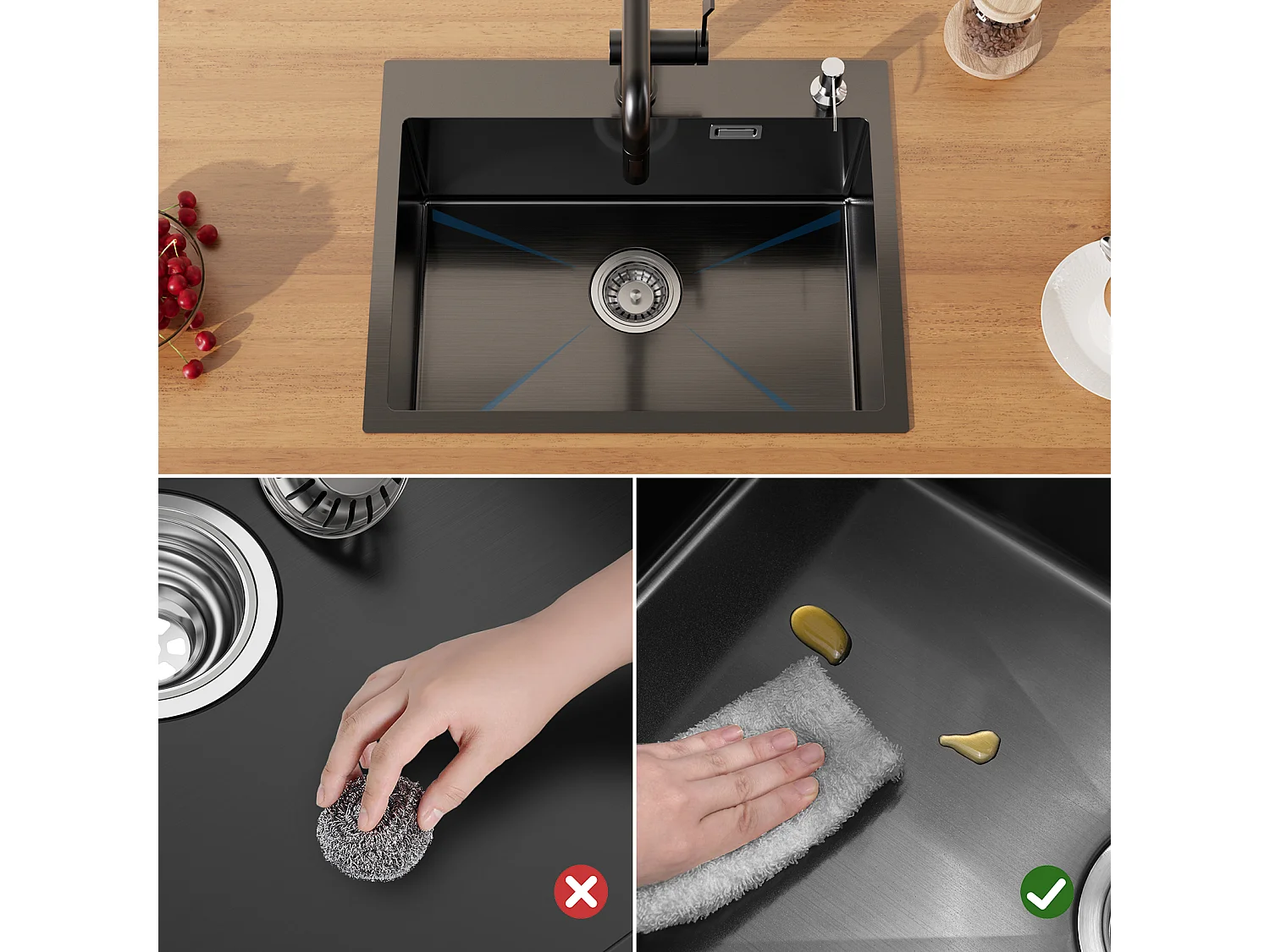 Zwarte gootsteen 58*45*18CM, keukenwastafel 1 bak met oprolbare afdruiprek en zeepdispenser, roestvrij staal, inbouw- of bloemmontage