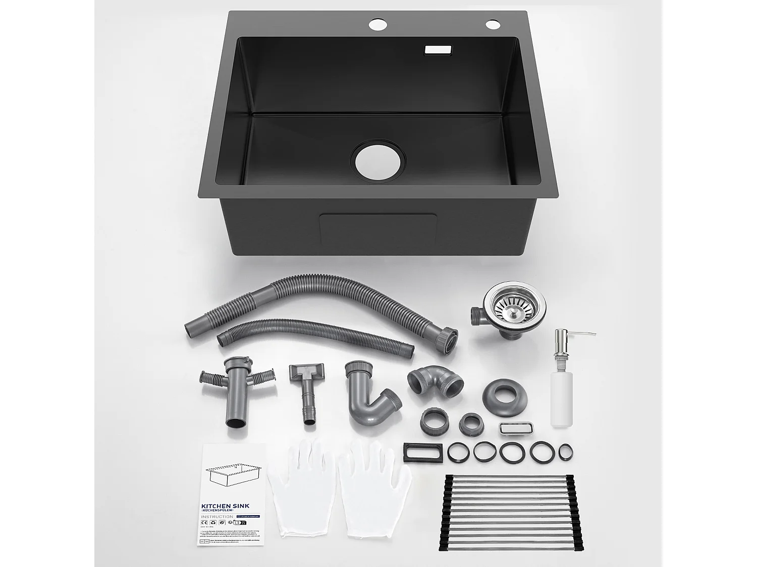 Zwarte gootsteen 58*45*18CM, keukenwastafel 1 bak met oprolbare afdruiprek en zeepdispenser, roestvrij staal, inbouw- of bloemmontage