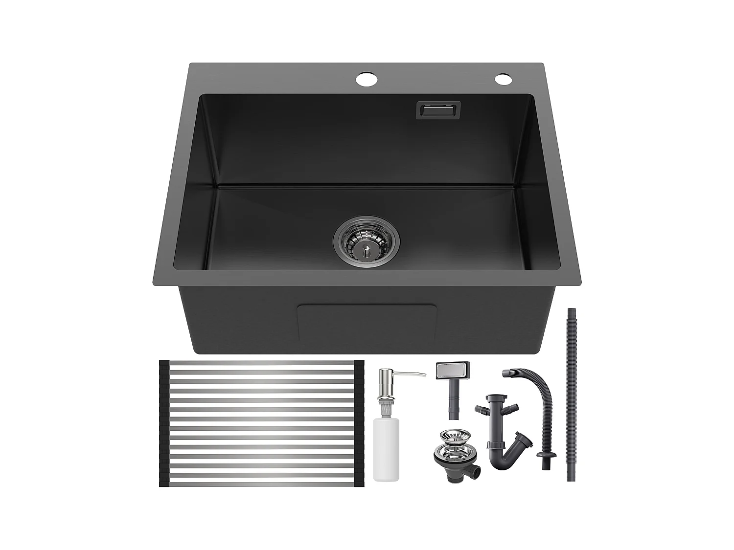 Évier Cuisine Noir 58*45*18CM,Lavabo Cuisine 1 Bac avec Égouttoir Enroulable et Distributeur de Savon, Inox, Montage à Encastrer ou à Fleur
