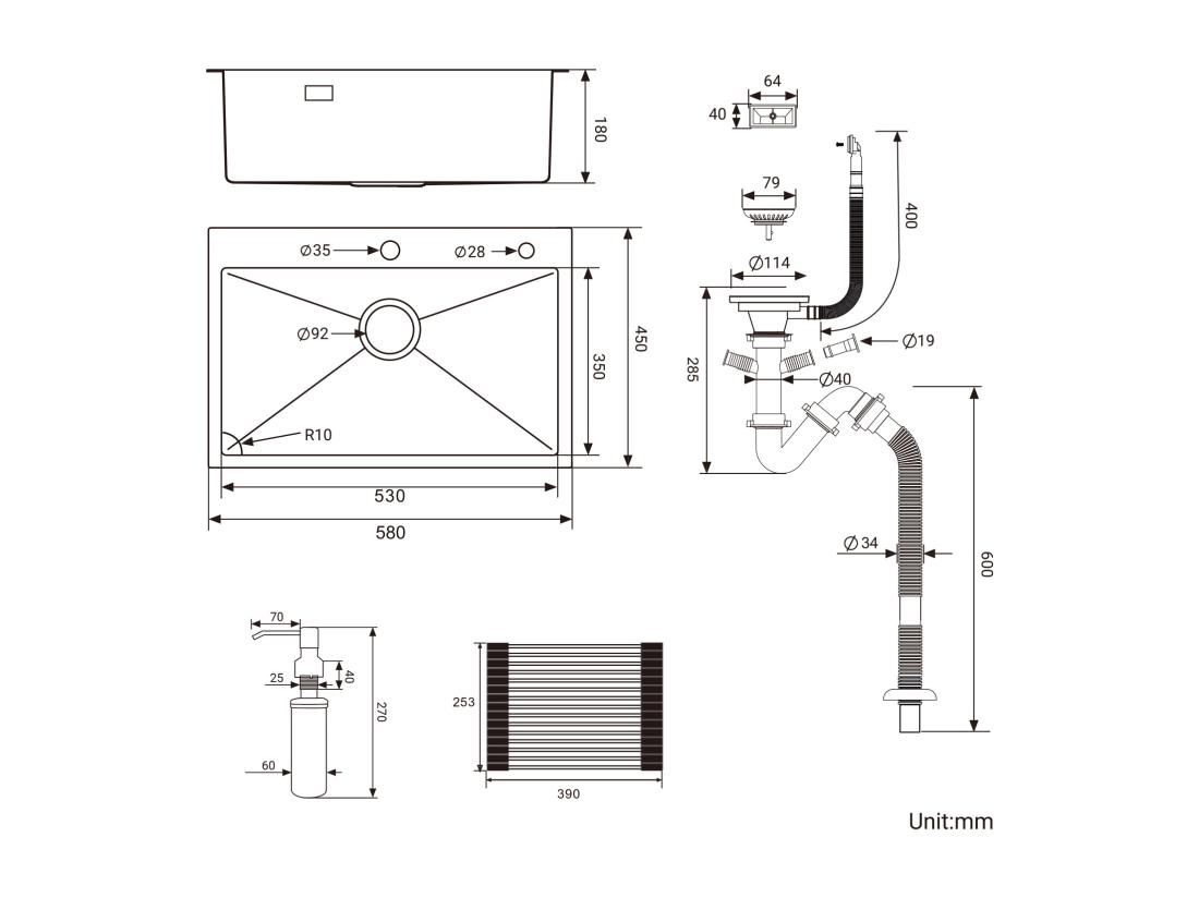 vente unique Évier Cuisine Noir 58*45*18CM Lavabo Cuisine 1 Bac avec Égouttoir Enroulable et Distributeur de Savon Inox Montage à Encastrer ou à Fleur