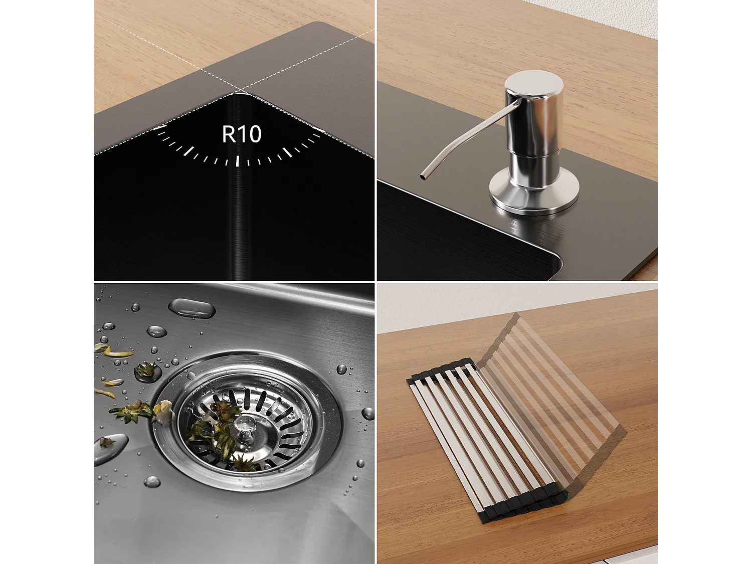 Schwarze Küchenspüle 58 x 45 x 18 cm, Einzelbecken-Küchenspüle mit aufrollbarer Abtropffläche und Seifenspender, Edelstahl, versenkt oder flächenbündig montiert