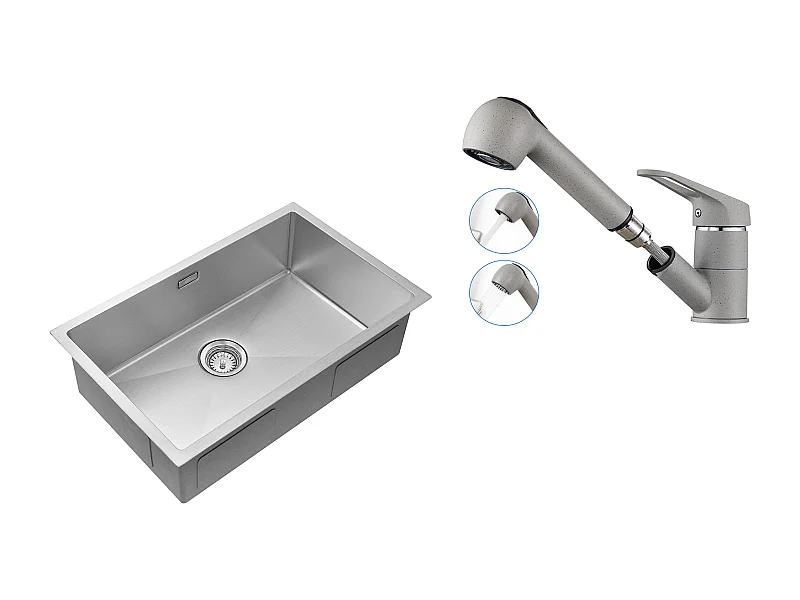 Évier Cuisine 1Bac 70*44*19CM,à Encastrer/Fleur/Sous-Plan,avec Siphon/Trop-Plein+Robinet Cuisine avec Douchette Extractible 2 Jets,Gris