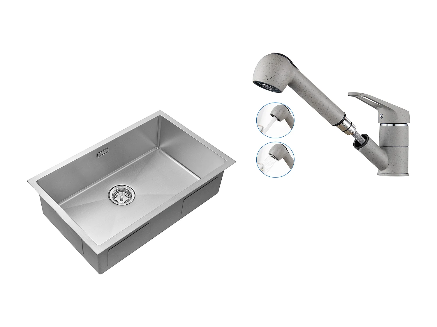 Fregadero Cocina 1Bac 70*44*19CM, para Empotrar/Flor/Sous-Plan,con Sifón/Trop-Plein+Grifo Cocina con Ducha Extraíble 2 Jets, Gris