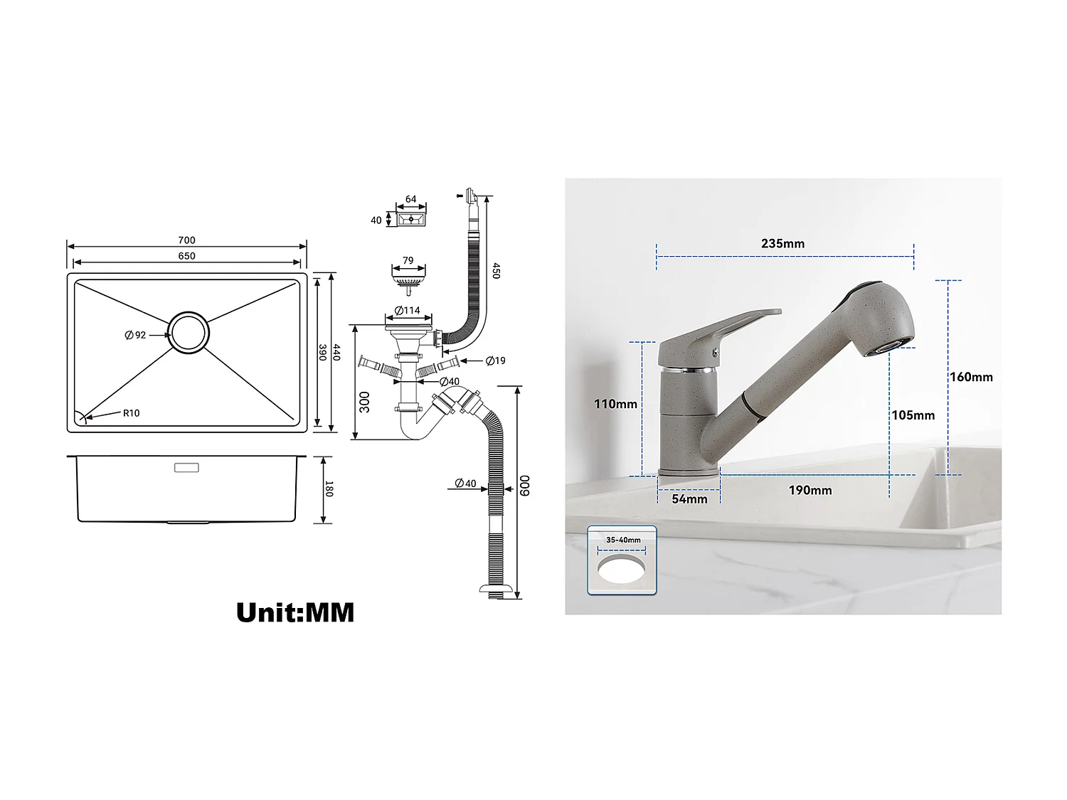 Fregadero Cocina 1Bac 70*44*19CM, para Empotrar/Flor/Sous-Plan,con Sifón/Trop-Plein+Grifo Cocina con Ducha Extraíble 2 Jets, Gris