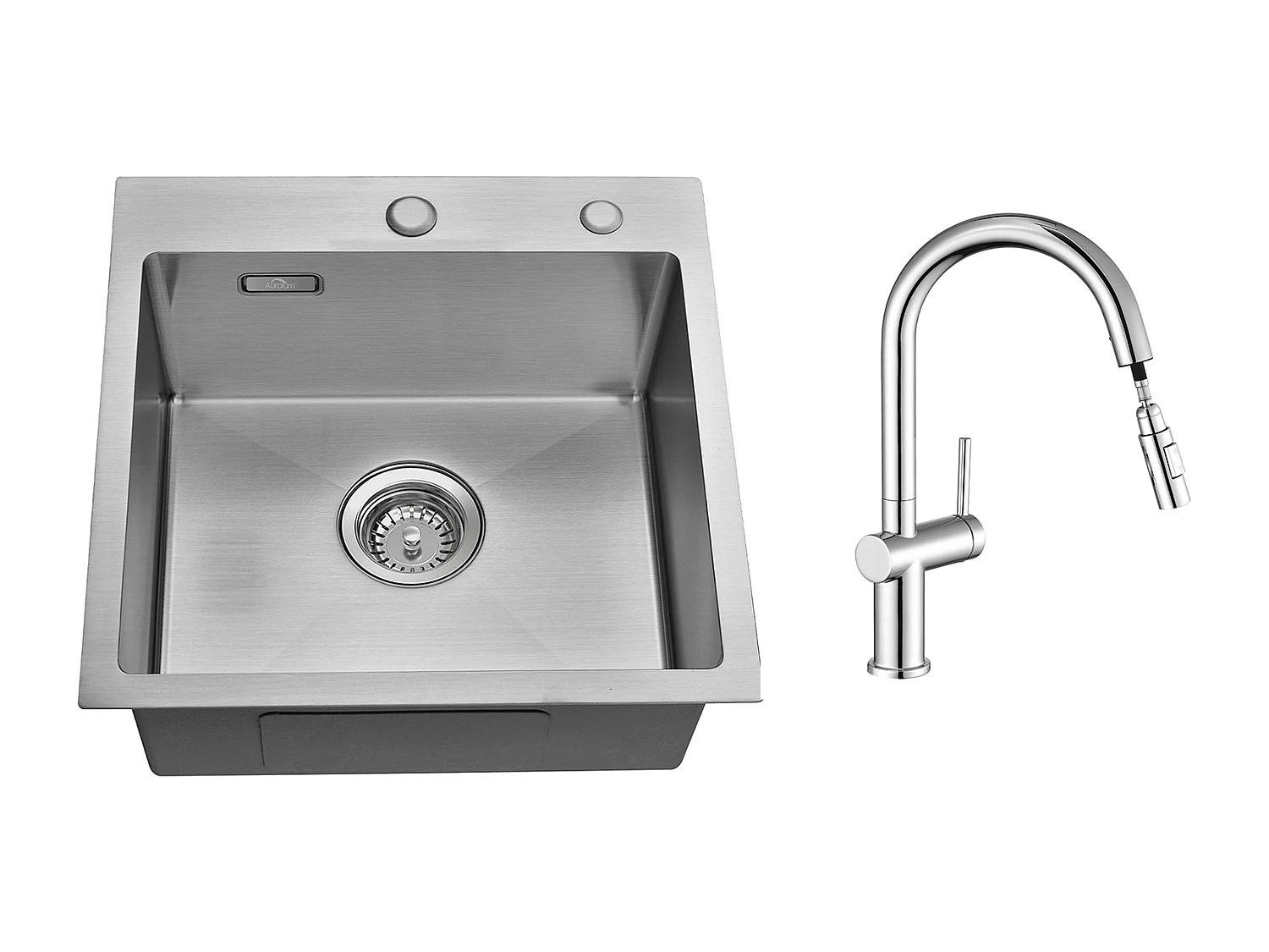 Évier Cuisine 1 Bac 45x45CM Acier Inoxydable 304 ,encastré et à Poser+robinet de cuisine rétractable à deux fonctions, chromé,EU Modèle