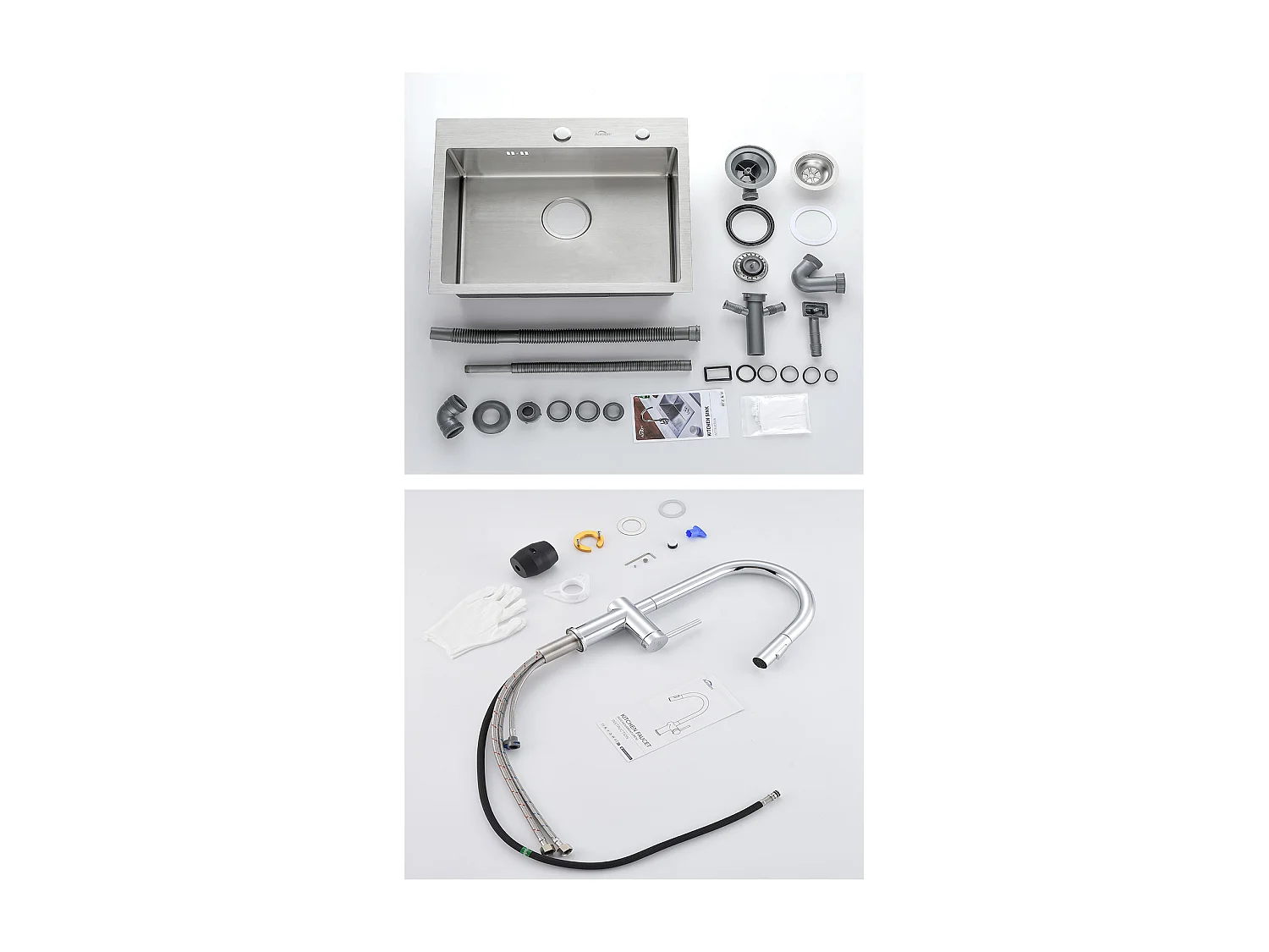 Évier Cuisine 1 Bac 45x45CM Acier Inoxydable 304 ,encastré et à Poser+robinet de cuisine rétractable à deux fonctions, chromé,EU Modèle